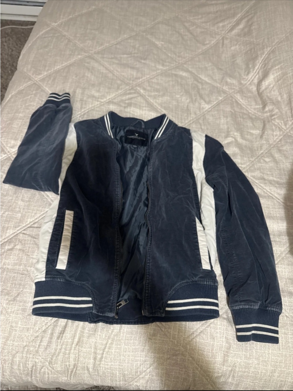 American Eagle Outfitters Navy and White Varsity Bomber Jacket